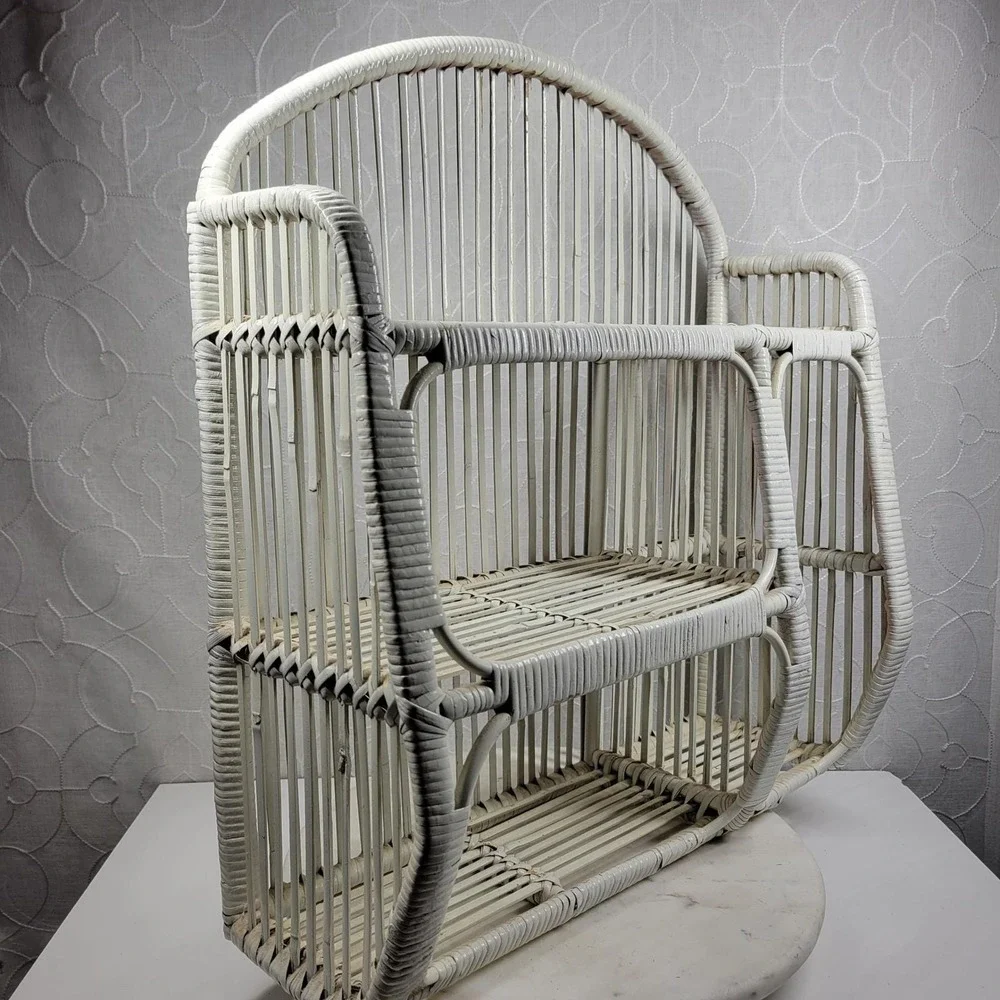 VTG Wrapped Rattan Wicker Shelf White Arched 3 Tier Boho Storage Cabinet